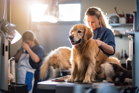 A groomer using a hair dryer to dry a golden retriever's fur. Generated ai Generative AI