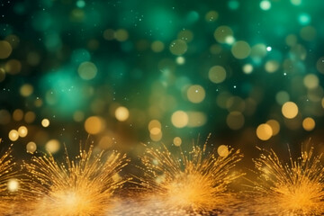 Gold and green Fireworks and bokeh in New Year eve and copy space. Abstract background holiday. AI generative