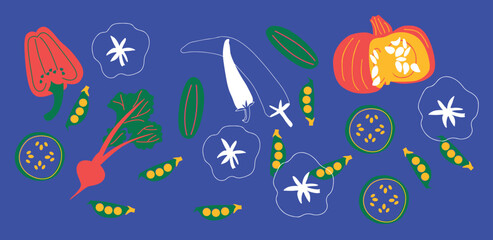 Abstract appetizing Vegetables collection. Decorative abstract horizontal banner with colorful doodles. Hand-drawn modern illustrations with Vegetables, abstract elements. Cucumber, peas, pepper.