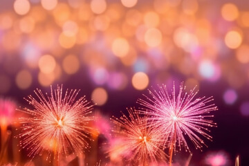 Fototapeta premium Gold and pink Fireworks and bokeh in New Year eve and copy space. Abstract background holiday. AI generative