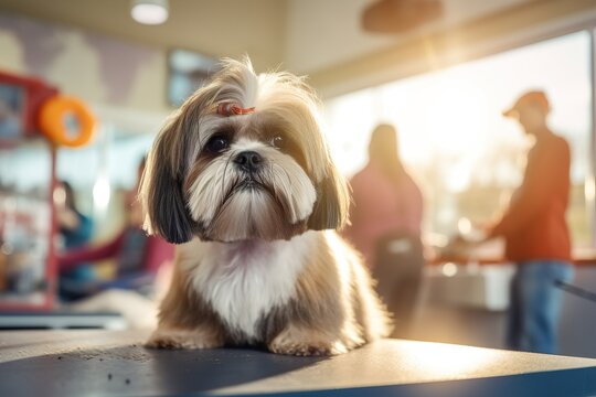 Shih tzu Dog gets hair cut at Pet Spa Grooming Salon. Generated ai Generative AI