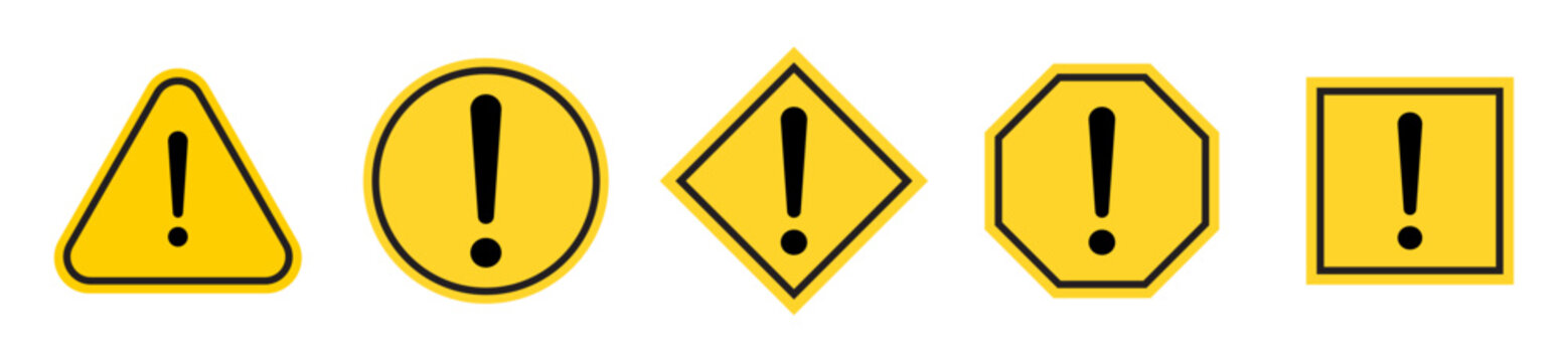 Set of hazard attention sign with exclamation mark in different shapes in yellow. Set of exclamatory symbols in different shapes. Yellow exclamatory sign or symbol set. Vector Illustration.