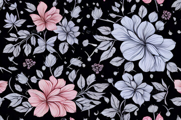 Abstract seamless floral pattern
in pastel colors on a black background.
Generative AI.