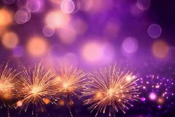 Obraz premium Gold and purple Fireworks and bokeh in New Year eve and copy space. Abstract background holiday. AI generative