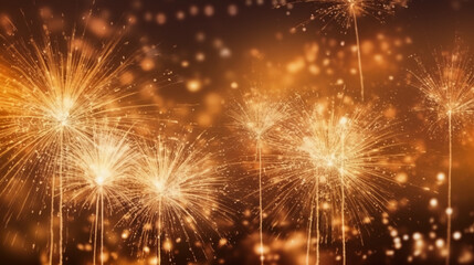 Gold and silver Fireworks and bokeh in New Year eve and copy space. Abstract background holiday. AI generative