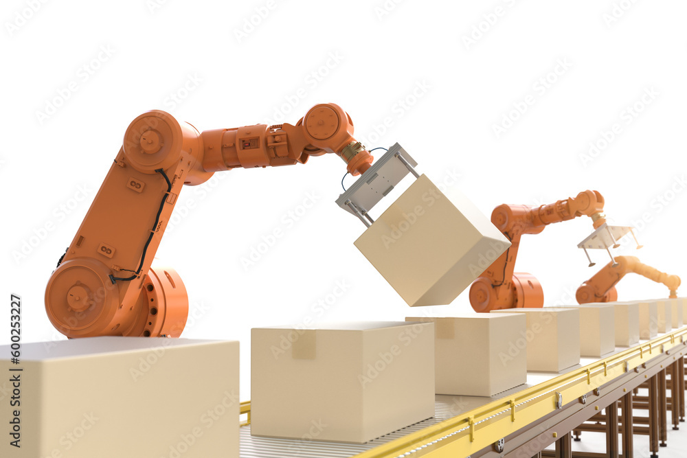 Poster robot assembly line with cardboard boxes