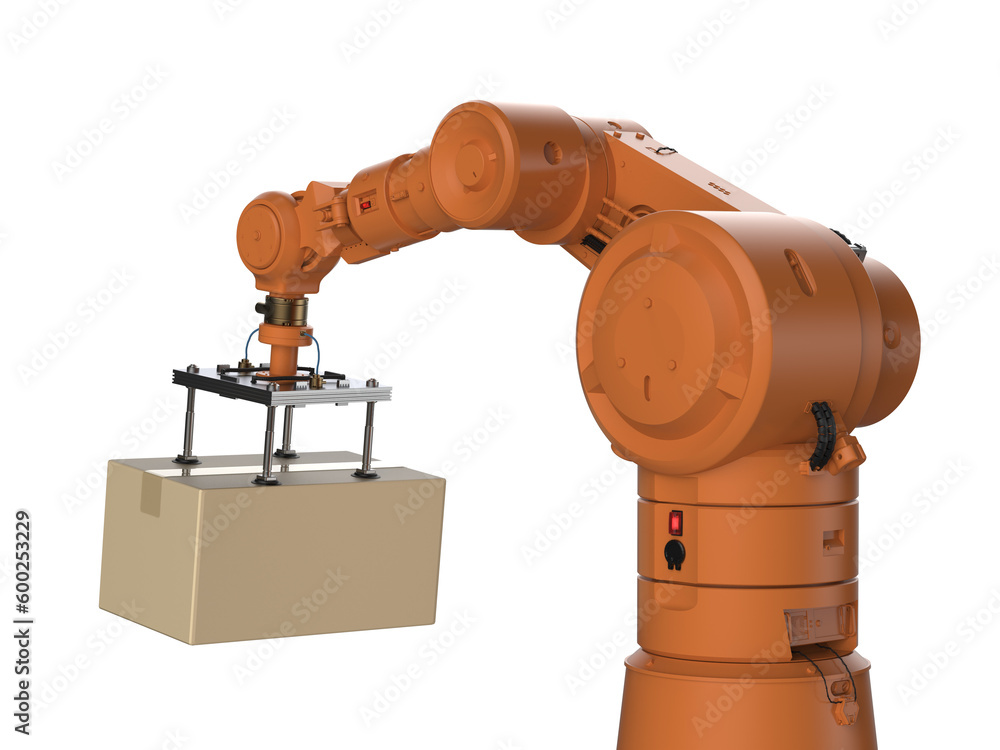 Poster automation factory or cargo with 3d rendering robotic arm carry cardboard box