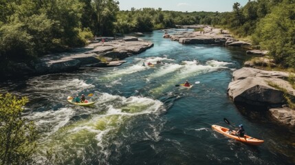 An energetiriver with kayaks and canoes AI generated