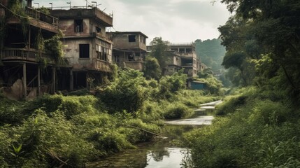 Fototapeta na wymiar An overgrown abandoned town with a polluted river AI generated
