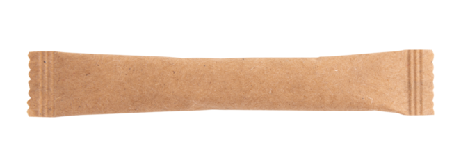 one sugar stick, sugar in paper kraft packaging, mock up for design isolated on white background