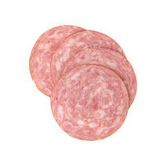 ham slices isolated on white background, four pieces of sliced sausage laid out to create layout