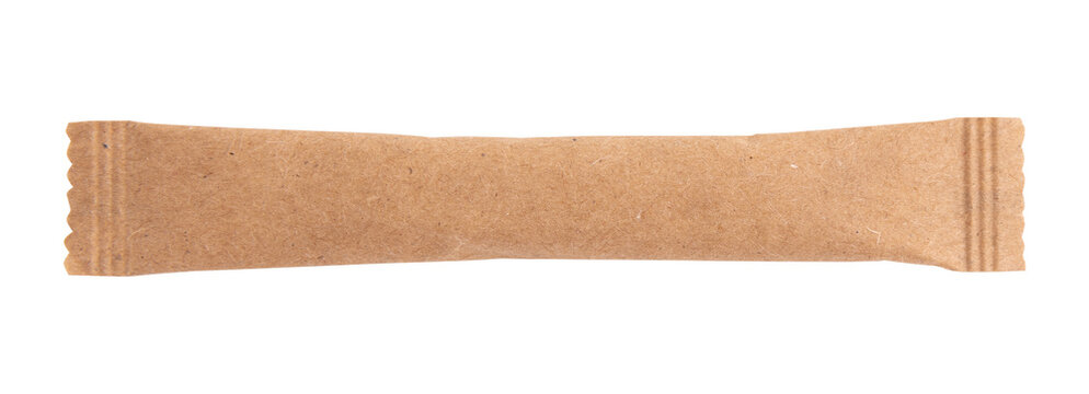 one sugar stick, sugar in paper kraft packaging, mock up for design isolated on white background