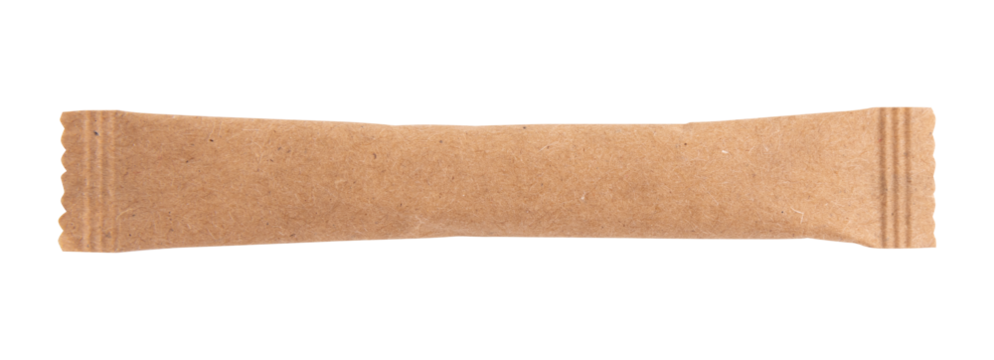 one sugar stick, sugar in paper kraft packaging, mock up for design isolated on white background