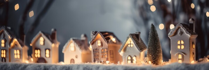 Small white houses of work with illuminated windows stand in the snow against the background of bokeh. Winter decoration. Shallow depth of field. Christmas banner or postcard. Generative AI