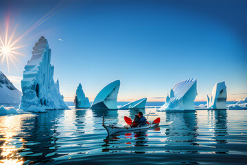 Inuit kayak in arctic sea, illustration - obrazy, fototapety, plakaty