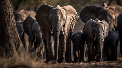 Fototapeta na wymiar Baby elephant with herd AI generated