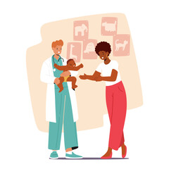 Mother Comforts Fussy Baby On Doctor Hands Before Checkup. Pediatrician Character Assesses Baby's Growth, Illustration