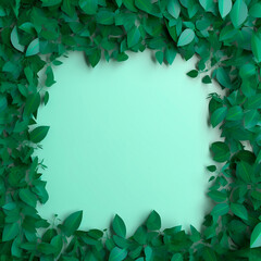 Natural background with green leaves forming a square frame in the center. High quality illustration Generative AI
