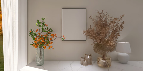 Interior design, flowers 3d render, 3d illustration