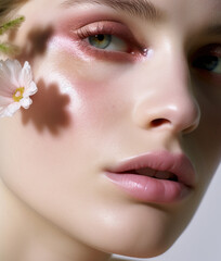 Obraz na płótnie Canvas Beautiful young woman with flowers, close-up portrait.