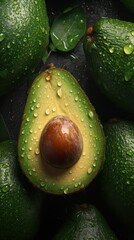 Food background avocado in water drops on dark background.vertical. Generative AI