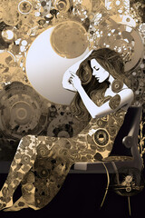 70ties graphic of a young woman listening to music