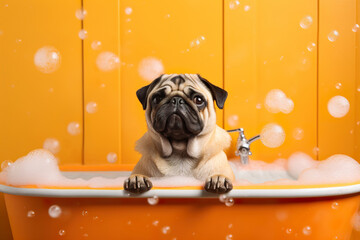 Pug dog is taking bath with foam and bubbles. Generated ai Generative AI