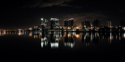 night cityscape in the distance with bright lighting over the water. reflection in the water. Generative AI