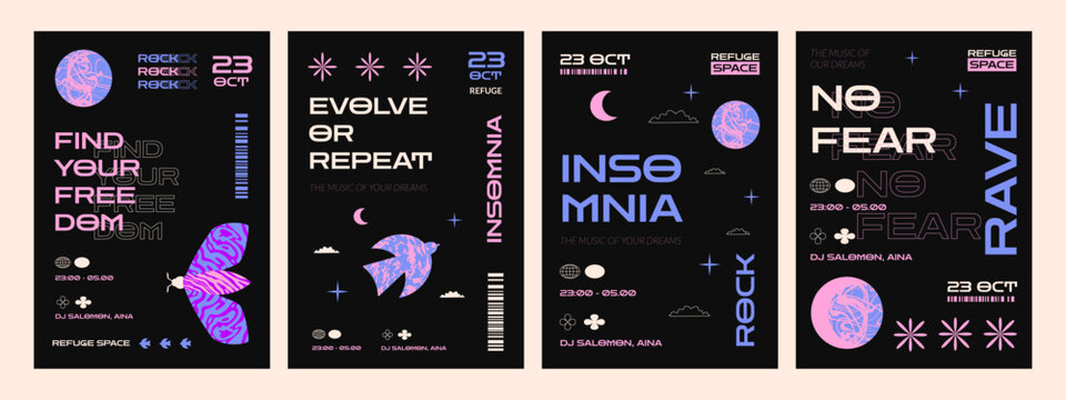 A set of posters in the rave techno style with textured bird, moth, moon. A concept of minimalistic strange design for a concert, party, event.
