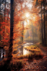 The most beautiful red autumn forest in the world. AI generative