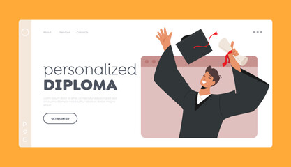 Online Graduation Ceremony Landing Page Template. Boy Bachelor Character Proudly Holding Diploma and Throwing Hat