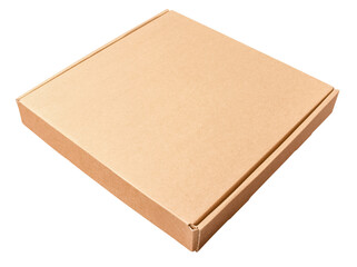 Closed Kraft pizza box. Isolated object on a transparent background. Mockup, element for design