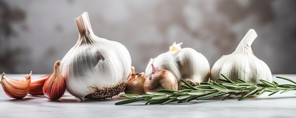 Banner fresh garlic bulbs with rosemary and pepper on white marble board. Ai generative.