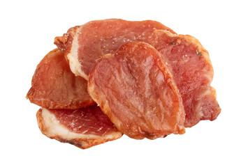Drier pieces of pork, on a transparent background. Slices of dried meat. Isolated object