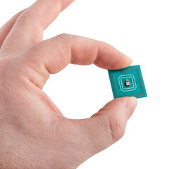 Green microchip in man hand on transparent background. Concept of technologies in electronics,...