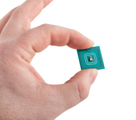 Green microchip in man hand on transparent background. Concept of technologies in electronics, computer and use microchip in everyday life and medicine. Isolated object