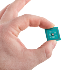 Green microchip in man hand on transparent background. Concept of technologies in electronics, computer and use microchip in everyday life and medicine. Isolated object