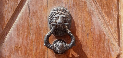 Door handle with ring and lion. Antique handle with a lion's head and a ring on a wooden door....