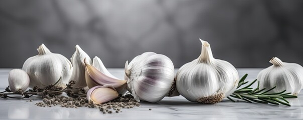 Obraz na płótnie Canvas Banner fresh garlic bulbs with rosemary and pepper on white marble board. Ai generative.