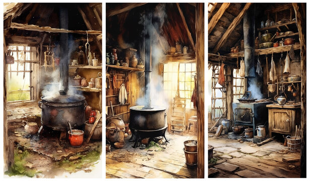 Set of watercolour old vintage rustic hut interiors. Wooden tiny house with a witchy cauldron. Greeting cards and envelopes artwork