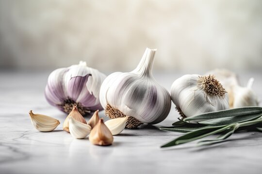 Fresh garlic bulbs with rosemary and pepper on white marble board. Ai generative.