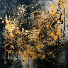 abstract background golden paint stains on a black background. Watercolor and acrylic. Generative AI
