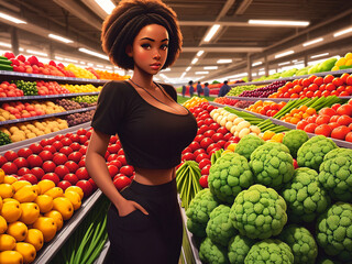 A beautiful African-American girl is shopping in a supermarket, against the background of vegetables and fruits. Generative AI.