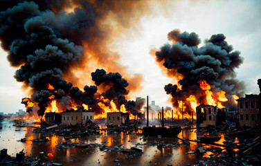 The destroyed city houses on fire during the war. Generative AI.