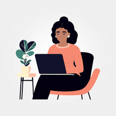 Fototapeta na wymiar woman sitting working on her laptop in the office, vector illustration