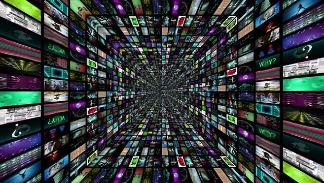montage collage tunnel zoom animation of broadcasting studio background screens about technology and scifi videos streaming