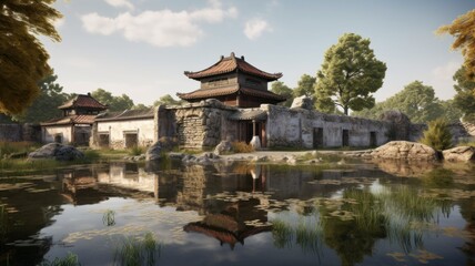 Oriental traditional architecture conceptual illustration. Village with pagoda temple in the mountains. Generative AI.