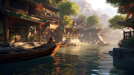 Obraz premium Oriental traditional architecture conceptual illustration. Chinese village crossed by a river in the mountains. Generative AI.