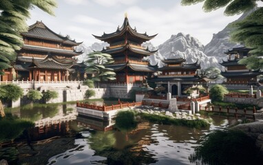 Fototapeta na wymiar Oriental traditional architecture conceptual illustration. Village with pagoda temple in the mountains. Generative AI.