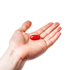 hand holding a red pill isolated on a transparent background, generative ai